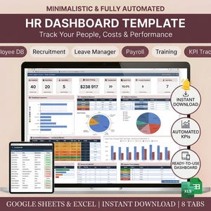 May include: A digital HR dashboard template displayed on a laptop and tablet. The dashboard includes charts, graphs, and data tables. Text on the screen includes "HR Dashboard Template" and "Track Your People, Costs & Performance."