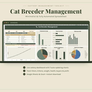 Cat Breeder Spreadsheet | Cattery Management Template | Kitten, Litter, Weight Health And Tracker | Buyer Waitlist & Profit | Google Sheets