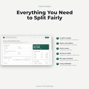 Könnte beinhalten: Eine digitale Benutzeroberfläche für eine Vereinbarung zur Aufteilung von Haushaltsausgaben mit dem Titel Everything You Need to Split Fairly. Das Dashboard zeigt Felder für Haushaltsdetails, Mitglieder und Aufteilungsmethoden.