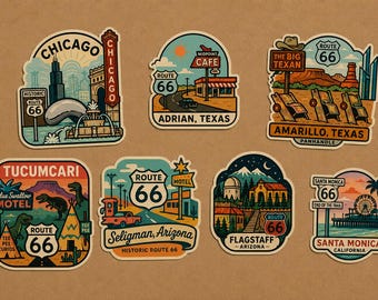 May include: A collection of seven colorful stickers featuring Route 66 landmarks including Chicago, Midpoint Cafe in Adrian, The Big Texan in Amarillo, Blue Swallow Motel in Tucumcari, Seligman, Flagstaff, and the Santa Monica pier end of the trail.