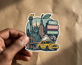 May include: A sticker featuring iconic New York City landmarks. The design includes the Statue of Liberty, the Empire State Building, a yellow taxi, and text that reads "Times Square Broadway". The sticker has a vintage, illustrated style.