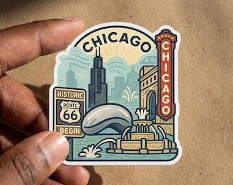 May include: A die-cut sticker featuring a stylized illustration of Chicago landmarks including a skyscraper, a fountain, and the Cloud Gate sculpture. The design includes a Historic Route 66 sign and a vertical Chicago sign in red, blue, and cream colors.