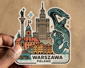 May include: A die-cut sticker featuring a stylized illustration of the Warsaw skyline, including the Palace of Culture and Science, the Mermaid of Warsaw, and Sigismund's Column. The text WARSZAWA POLAND is printed in black at the bottom.