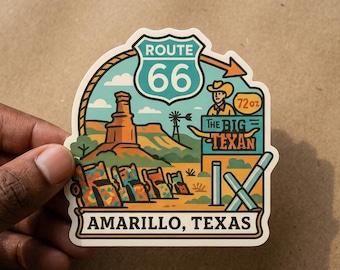 May include: A die-cut sticker featuring a Route 66 sign, a desert landscape with a rock formation, a windmill, and a building labeled The Big Texan with 72oz text. The design includes a cowboy figure and the text Amarillo, Texas at the bottom.