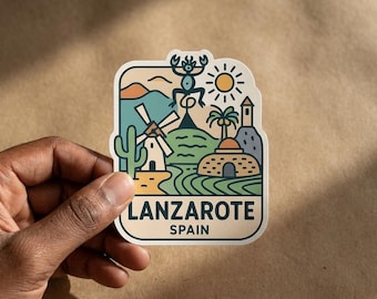 May include: A die-cut sticker featuring a colorful illustration of Lanzarote, Spain. The design includes a windmill, a cactus, a sun, a palm tree, and a stylized figure, with the text LANZAROTE SPAIN printed in bold dark blue letters at the bottom.