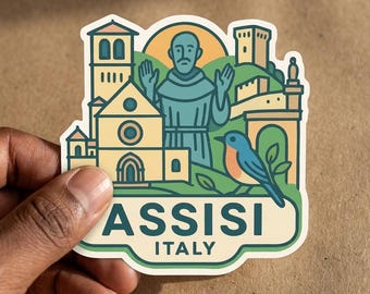 May include: A die-cut sticker featuring a stylized illustration of Assisi, Italy, with a central figure in a robe, a church, a tower, and a small blue bird. The text ASSISI ITALY is printed in dark blue at the bottom on a cream background.