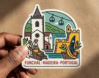 May include: A die-cut sticker featuring a stylized illustration of Funchal, Madeira, Portugal. The design includes a white church, a cable car, a traditional wicker toboggan, and a basket with a fish, banana, and flowers. Text reads FUNCHAL MADEIRA PORTUGAL.