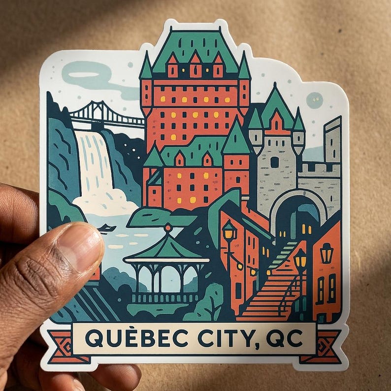 May include: A die-cut sticker featuring a stylized illustration of Quebec City, QC. The design includes the Chateau Frontenac, a waterfall, a bridge, and a gazebo in shades of red, teal, and grey. The text QU&Egrave;BEC CITY, QC is printed at the bottom.