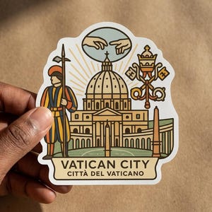 May include: A die-cut sticker featuring a graphic illustration of St. Peter's Basilica in Vatican City. The design includes a Swiss Guard, the Papal tiara and keys, and the Creation of Adam hands. The text reads VATICAN CITY CITTÀ DEL VATICANO.