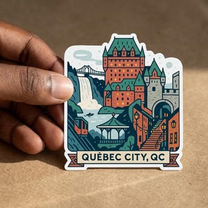 May include: A die-cut sticker featuring a stylized illustration of Quebec City, QC. The design includes the Chateau Frontenac, a waterfall, a bridge, a funicular, and a gazebo in shades of teal, orange, and cream, with the text QU&Egrave;BEC CITY, QC.