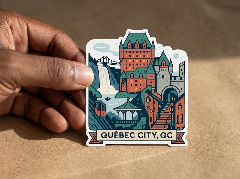 May include: A die-cut sticker featuring a stylized illustration of Quebec City, QC. The design includes the Chateau Frontenac, a waterfall, a bridge, a funicular, and a gazebo in shades of teal, orange, and cream, with the text QU&Egrave;BEC CITY, QC.