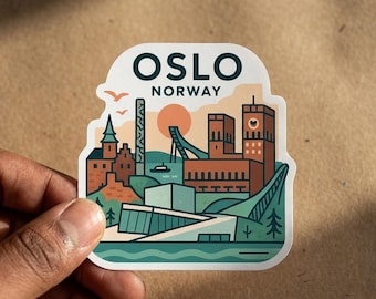 May include: A die-cut sticker featuring a stylized illustration of the Oslo, Norway skyline. The design includes buildings, a ski jump, and a sun in shades of orange, teal, and cream. The text OSLO NORWAY is printed in dark blue at the top.