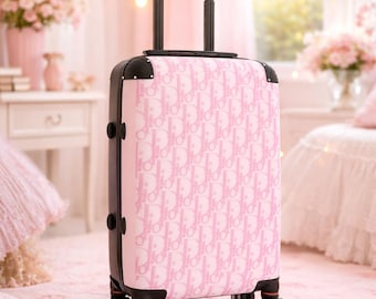 Pink Monogram Hard Shell Suitcase, Coquette Travel Luggage, Lightweight Spinner Bag