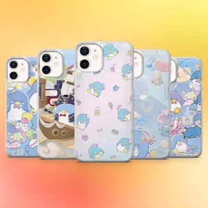 May include: Five phone cases with cartoon penguin designs. The cases have a clear, glossy finish and are decorated with pastel colours, including blue, pink, and yellow. The penguin is depicted in different poses with accessories, such as hats and bows.