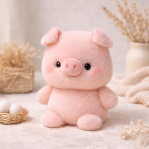 May include: A plush pink pig toy with a cute design. The pig has a round body, small ears, and a prominent snout. It has black eyes and rosy cheeks. The toy is sitting on a light-colored surface.