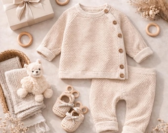 Zachte katoenen gebreide baby-outfitset – houten knopen, neutrale tinten
