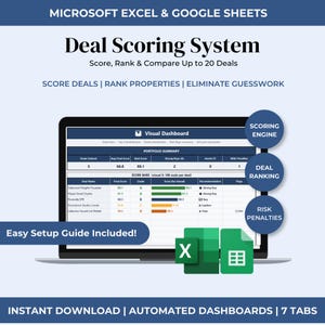 May include: A laptop screen displays a "Deal Scoring System" dashboard, with data tables and charts. The text includes "Score, Rank & Compare Up to 20 Deals" and "Easy Setup Guide Included!" The software integrates with Microsoft Excel and Google Sheets.