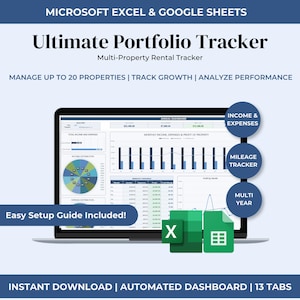 May include: A laptop screen displays a financial dashboard with charts and graphs. The text reads "Ultimate Portfolio Tracker" and "Manage up to 20 properties." Additional text includes "Income & Expenses," "Mileage Tracker," and "Multi Year." The image also shows the Excel and Google Sheets logos.