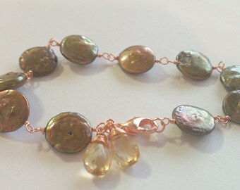 Chocolate City Beer, Wire Wrapped Freshwater Coin Pearl Bracelet