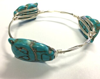 Turquoise Owls, Wire-Wrapped Bangle---MEDIUM