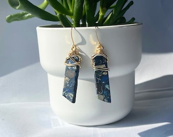 Lapis and Gold - Wire-Wrapped Gemstone, Dangle Earrings