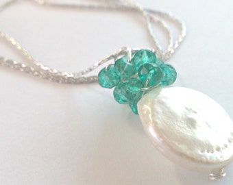 Emerald Coins, Mystic Green Quartz and Freshwater Coin Pearl Cluster Necklace---MATCHING EARRINGS