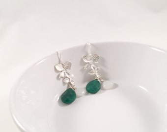 Touch of Silver, Silver Cascading Orchid and Emerald Jade Earrings
