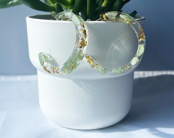 Green Hydrangea and Gold - Handmade Resin Hoop Earrings