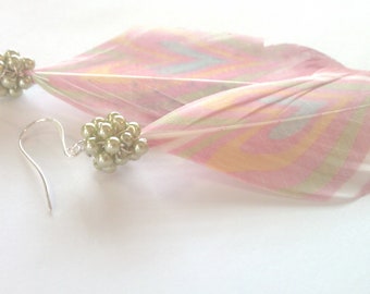 Pastel Hearts, Mint Pearl Cluster and Heart-Printed Feather Earrings