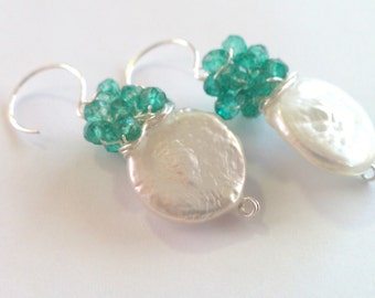 Emerald Coins, Mystic Green Quartz and Freshwater Coin Pearl Cluster Earrings---MATCHING NECKLACE