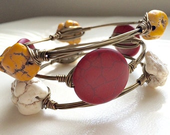 Garnet and Gold, Set of THREE, Antique Brass, GameDay Wire-Wrapped Bangles---MEDIUM