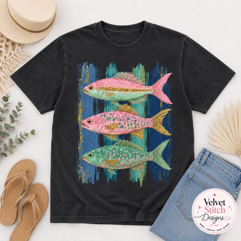 Pode incluir: Uma t-shirt preta de manga curta com uma estampa gr&aacute;fica de tr&ecirc;s peixes empilhados verticalmente. O peixe de cima &eacute; rosa, o do meio &eacute; rosa com pontos dourados e o de baixo &eacute; verde-azulado com pontos rosa, sobre um fundo de pinceladas azuis.