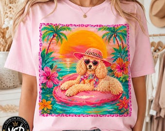 PNG de Poodle Tropical: Clipart de Cachorro de Praia, Filhote em Boia de Piscina de Verão, Design de Sublimação Costeira com Pôr do Sol Rosa (Download Digital)