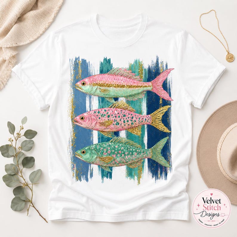 Pode incluir: Uma t-shirt branca de manga curta com um gr&aacute;fico de tr&ecirc;s peixes empilhados verticalmente. Os peixes s&atilde;o apresentados com texturas de glitter rosa, verde e dourado, sobre um fundo de pinceladas verticais azuis e verdes com detalhes dourados.