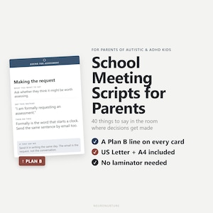 May include: A digital document titled School Meeting Scripts for Parents for parents of autistic and ADHD kids. It features 40 cards with scripts, including a Plan B line on every card. US Letter and A4 formats are included, no laminator needed.