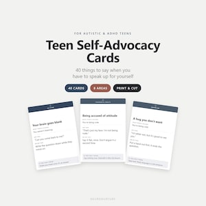Könnte beinhalten: Ein Set von Teen Self-Advocacy Karten für autistische und ADHS-Jugendliche, bestehend aus 40 druckbaren Karten in 8 Bereichen. Die Karten bieten Skripte zum Selbstausdruck, mit Beispielen wie 'Your brain goes blank' auf weißem Papier.