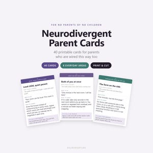 May include: A set of 40 printable Neurodivergent Parent Cards featuring text on white backgrounds with purple and green headers. The cards provide guidance for parents, including sections titled Loud child, quiet parent, Both of you at once, and The form on the side, with instructions on what happens, what to say, and what to change.