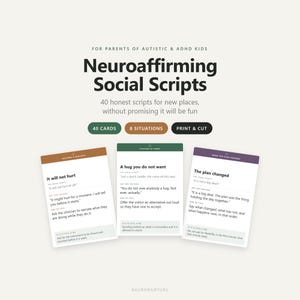 May include: A set of 40 Neuroaffirming Social Scripts cards for parents of autistic and ADHD kids. The cards feature text in brown, green, and purple headers, including titles like Doctors & Dentists, Visitors at Home, and When the Plan Changes.