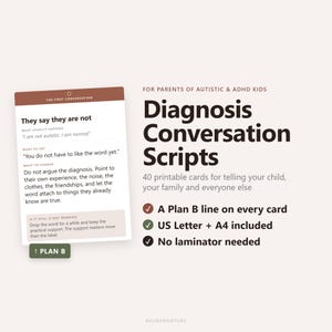 May include: A set of 40 printable diagnosis conversation script cards for parents of autistic and ADHD children. The cards feature a Plan B line, include US Letter and A4 formats, and require no laminator. The text includes guidance on conversations regarding diagnosis, including the phrase They say they are not.