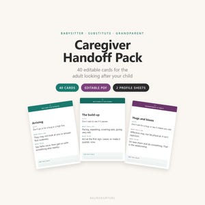 May include: A Caregiver Handoff Pack featuring 40 editable cards and 2 profile sheets. The text reads Caregiver Handoff Pack, 40 editable cards for the adult looking after your child, 40 CARDS, EDITABLE PDF, 2 PROFILE SHEETS, and specific card content.