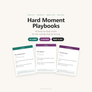 May include: Hard Moment Playbooks set featuring 40 beat-by-beat scripts for outings that go wrong. Includes 40 cards covering 8 outings, with three sample cards displayed showing scripts for the dentist, haircut, and school drop-off scenarios.
