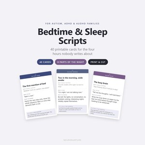 May include: A set of 40 printable cards titled Bedtime & Sleep Scripts for autism, ADHD & AuDHD families. The cards feature text sections labeled What usually happens, What to say, What to change, and If it still is not working, organized into 8 parts of the night.