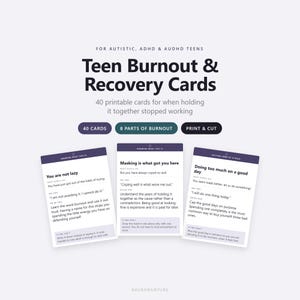 Könnte beinhalten: Ein Set aus 40 druckbaren Teen Burnout & Recovery Karten für autistische, ADHS- und AuDHS-Jugendliche. Die Karten haben dunkelviolette Kopfzeilen mit weißem Text, darunter Titel wie You are not lazy, Masking is what got you here und Doing too much on a good day, mit Abschnitten für das, was Leute sagen, was man sagen und was man tun kann.