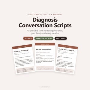 May include: A set of 40 printable cards titled Diagnosis Conversation Scripts for parents of autistic and ADHD kids. The cards feature brown headers and white backgrounds with text sections labelled What usually happens, What to say, What to change, and If it still is not working. The cards are arranged in a row against a light beige background.