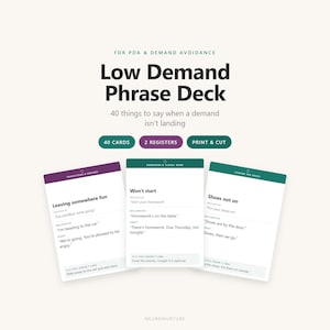May include: A Low Demand Phrase Deck featuring 40 cards and 2 registers for PDA and demand avoidance. The cards display text such as Leaving somewhere fun, Won't start, and Shoes not on, with instructions for declarative and direct communication.