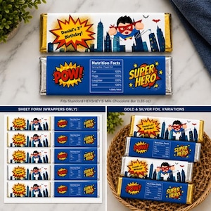 May include: A rectangular chocolate bar wrapper featuring a superhero flying over a city skyline with the text Daniel's 3rd Birthday. The reverse side displays a nutrition facts label with fun, hugs, laughter, and love listed as ingredients.