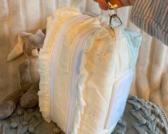 Customized Cream Lace Diaper + Wipe Pouch w/ White Ruffles, Baby Shower Gift, Car and Stroller Diaper Bag