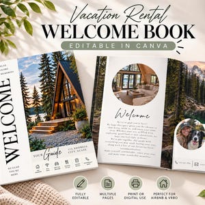 May include: A vacation rental welcome book template featuring a cover with a cabin image and the text Vacation Rental Welcome Book, plus an open interior page showing a living room photo, a host profile with a dog, and informational text.