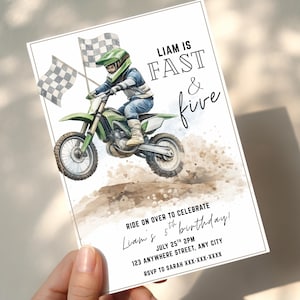 May include: A birthday invitation featuring a watercolor illustration of a child riding a green dirt bike. The text reads "Liam is Fast & Five" and includes party details. Checkered flags are in the background.