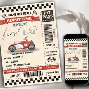 Puede incluir: Un boleto de Gran Premio de estilo vintage y un teléfono inteligente que muestra el mismo diseño. El boleto presenta una ilustración de un coche de carreras rojo, el texto "ADMIT ONE" y detalles como el día, la hora y el lugar de la carrera.